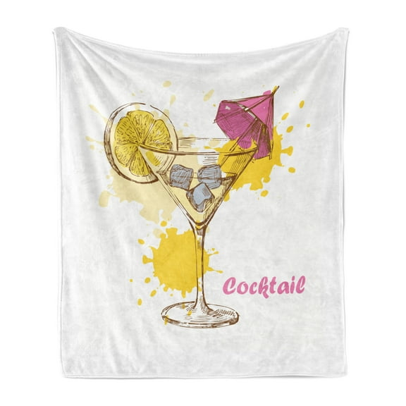 Cocktail Party Soft Flannel Fleece Blanket, Hand-drawn Vodka Martini with a Slice of Lemon and Pink Umbrella, Cozy Plush for Indoor and Outdoor Use, 50" x 60", Yellow Pink Pale Grey, by Ambesonne