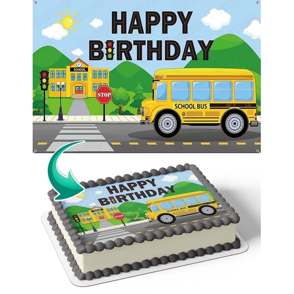 School Bus Back to School EEdible Image Icing Cake Topper for Quarter Sheet Cake, by TNCT
