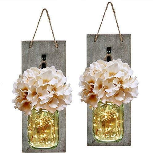TWING Mason Jar Wall Sconces with LED Fairy Lights Rustic Wall Sconces Mason Jar Lights Handmade Wall Art Hanging Design with Remote Timer,118 Strip Lights LED for Farmhouse Home Decor