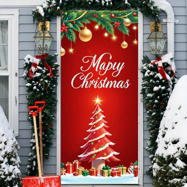 Linnome Christmas Door Decoration Kit - Santa Claus Themed Hanging Cloth with Border Stickers for Festive Entryways