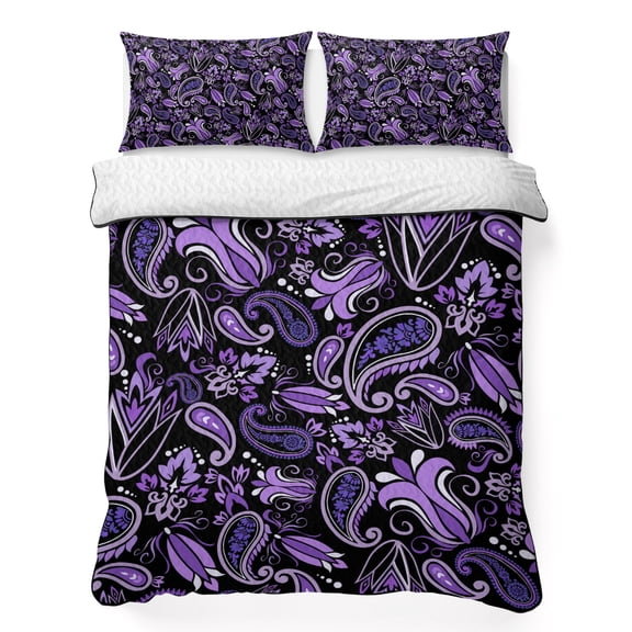 Twin XL Quilt Bedding Set, Purple Black Paisley Soft Microfiber Summer Bedspread Coverlet with 2 Pillow Shams for All Season, Abstract Floral Geometric Breathable Bedding Set for Hot Sleepers
