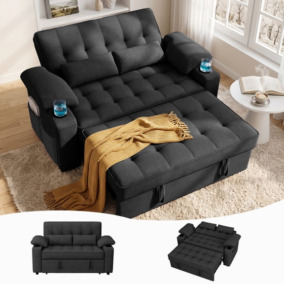 58" Convertible Sleeper Sofa Bed, Full Size Pull Out Couch with USB Charging, Cup Holders, Adjustable Backrest & Side Pockets, Towel Fabric Loveseat for Living Room, Apartment, Office (Black)