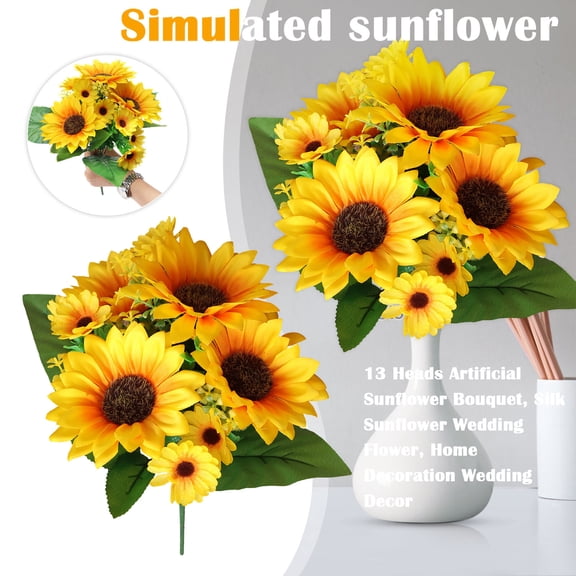 EaseDay Artificial Sunflowers with Stems, 12 inch Silk Sunflower Bouquet for Indoor Outdoor Home Decor, UV Resistant Fake Yellow Flowers, 13 Heads, 1 Piece