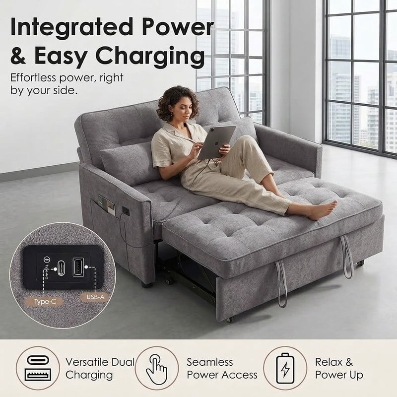 3-in-1 Convertible Sofa Bed with USB Charging Ports, Pull-Out Sleeper Sofa with Adjustable Backrest and Side Pocket, Compact Loveseat Couch for Living Room, Apartment, Dorm