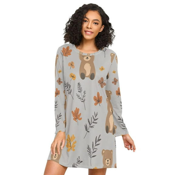 FORMRS Womens Long Sleeve Nightgowns Crew Neck Sleep Shirt Soft Pajamas Sizes S-3XL, Brown Cartoon Bears