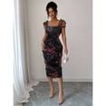 thumbnail image 3 of Black Womens Elegant Floral Mesh Ruffle Waist Midi Dress For Wedding Party Date Spring Summer, 3 of 6