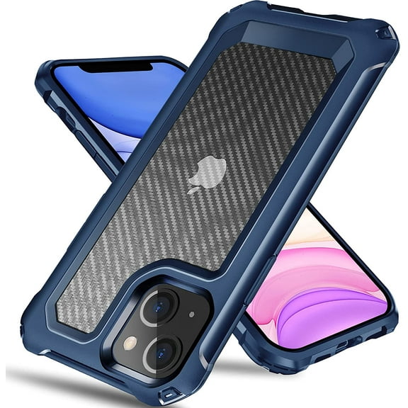 iPhone 13 Case, [Military Grade Shockproof] [Hard Carbon Fiber Back] [Soft TPU Bumper Frame] Anti-Scratch, Fingerprint Resistant, Protective Phone Case for iPhone 13, 6.1 Inch (Blue)