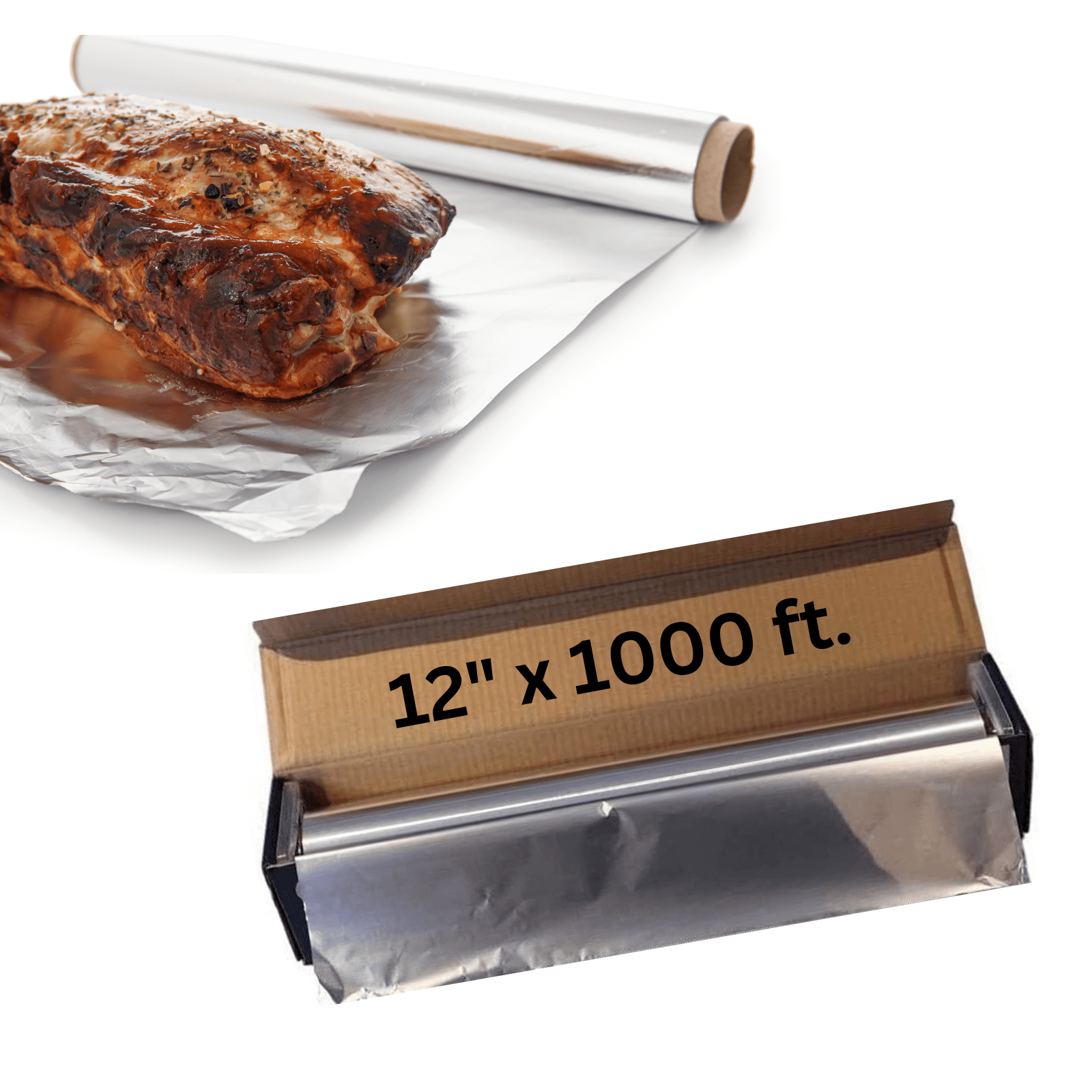 12” X 1000’ ft (Standard) Aluminum Foil Roll wrap with cutter dispenser - Kitchen use, Silver