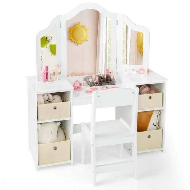 Costway Kids Vanity Table & Chair Set 2-in-1 Princess Pretend Play Makeup Vanity Set White