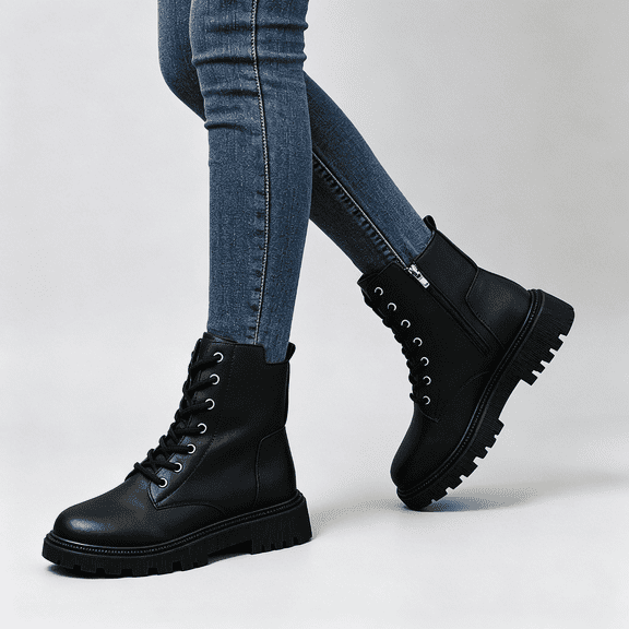 CAZOFW Combat Boots for Women Lace Up Ankle Boots with Side Zipper and Chunky Flatform Sole