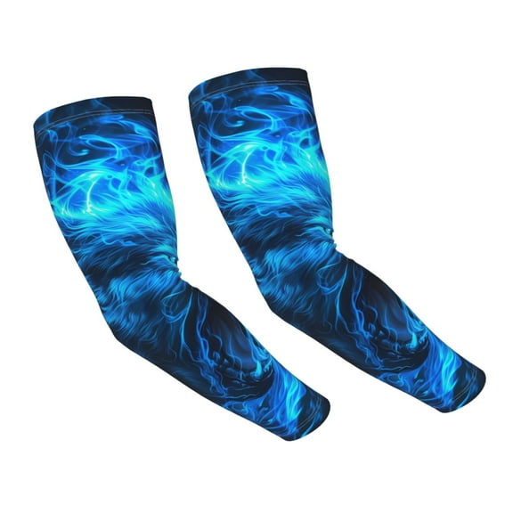Uemuo Blue Fire Wolf Printed Arm Sleeves, Cooling UV Sun Protection Sports Compression for Men/Women