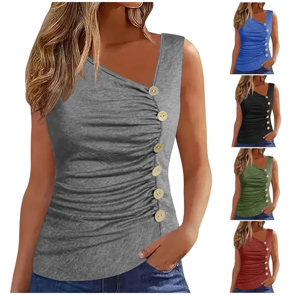 Ashirexll Tank Tops for Women, Solid Color Ruched Button Decoration Tank Top Casual Summer Sleeveless Clothing