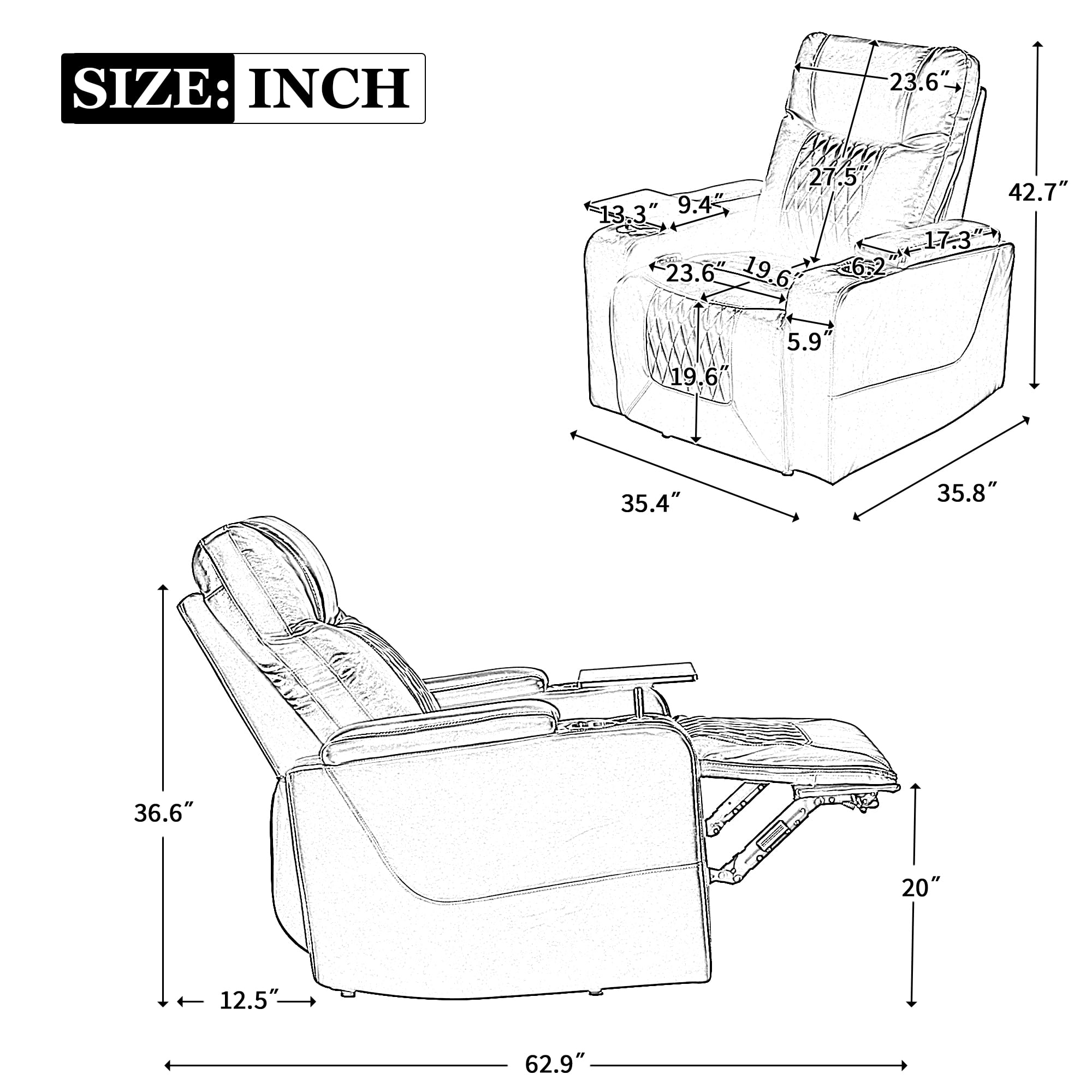 Euroco Modern Power Recliner Chair with USB Port, Swivel Tray Table, Hidden Arm Storage & Dual Cup Holders – Electric Reclining Seat for Living Room or Home Theater