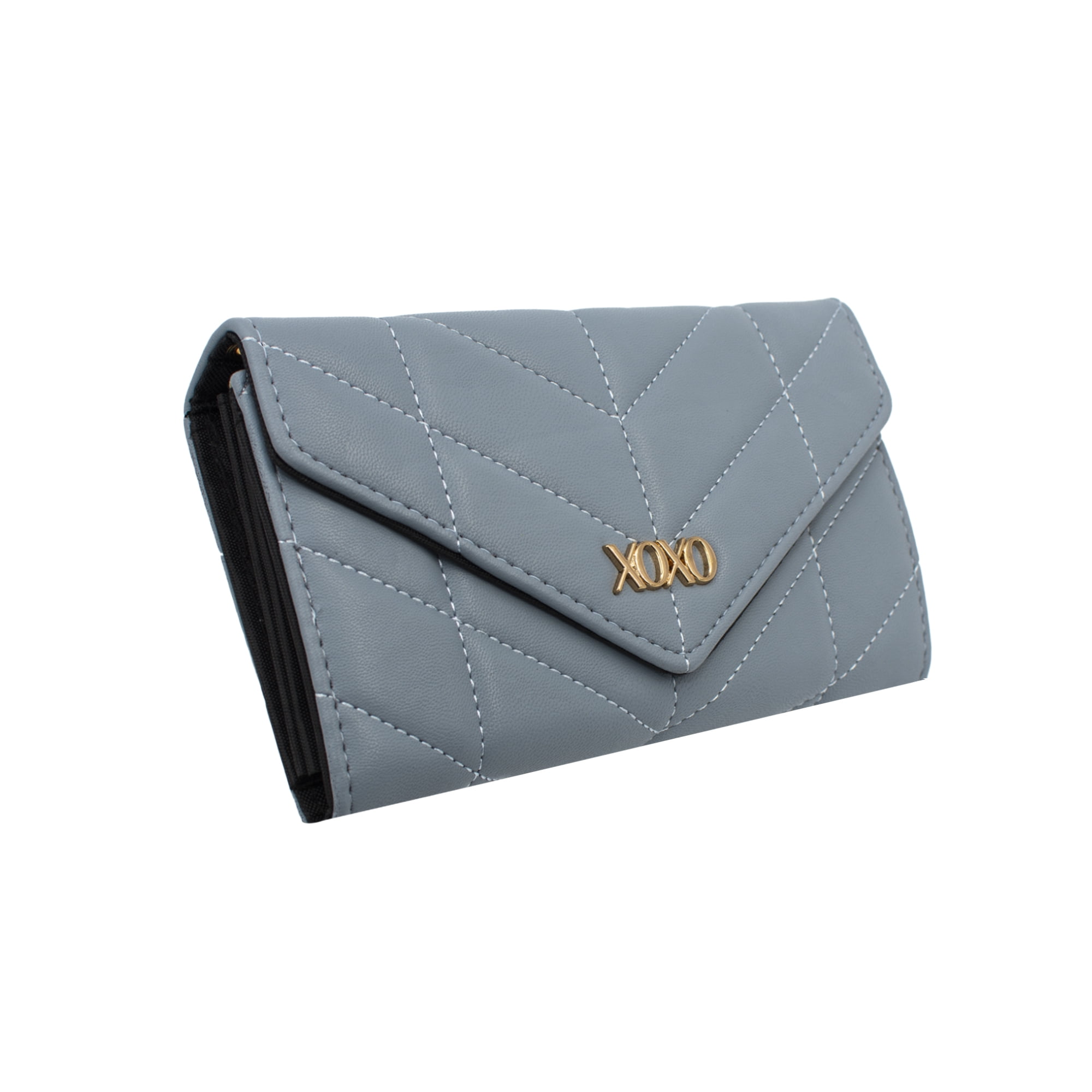 XOXO Women’s Small Powder Blue Vegan Leather Quilted Fold Wallet withCrossbody Strap