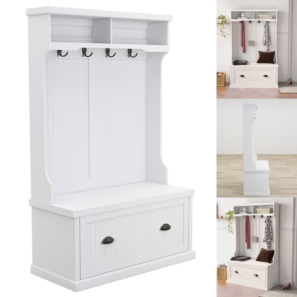 CUH 3in1 Wide Shoes Organizer Hall Tree White Living Room Furniture