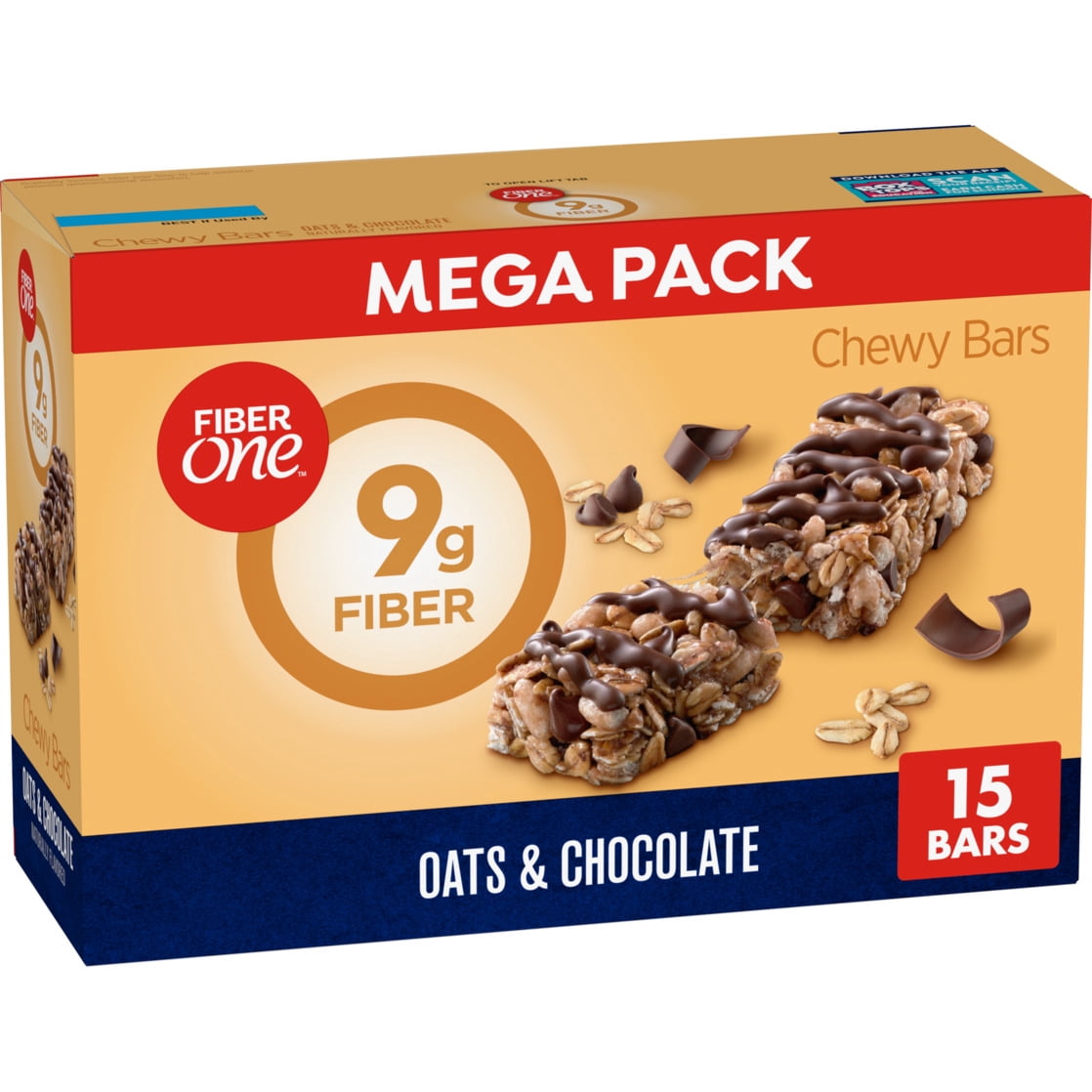 (4 pack) Fiber One Chewy Bars, Oats and Chocolate, Fiber Snacks, Mega Pack, 15 Count, 21.2 oz