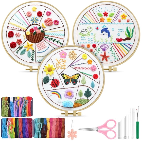 3 Sets Beginners Embroidery Stitch Practice kit,Embroidery Kit for Beginners Include Embroidery Cloth Hoops Threads for Craft Lover Hand Stitch with Embroidery Skill Techniques