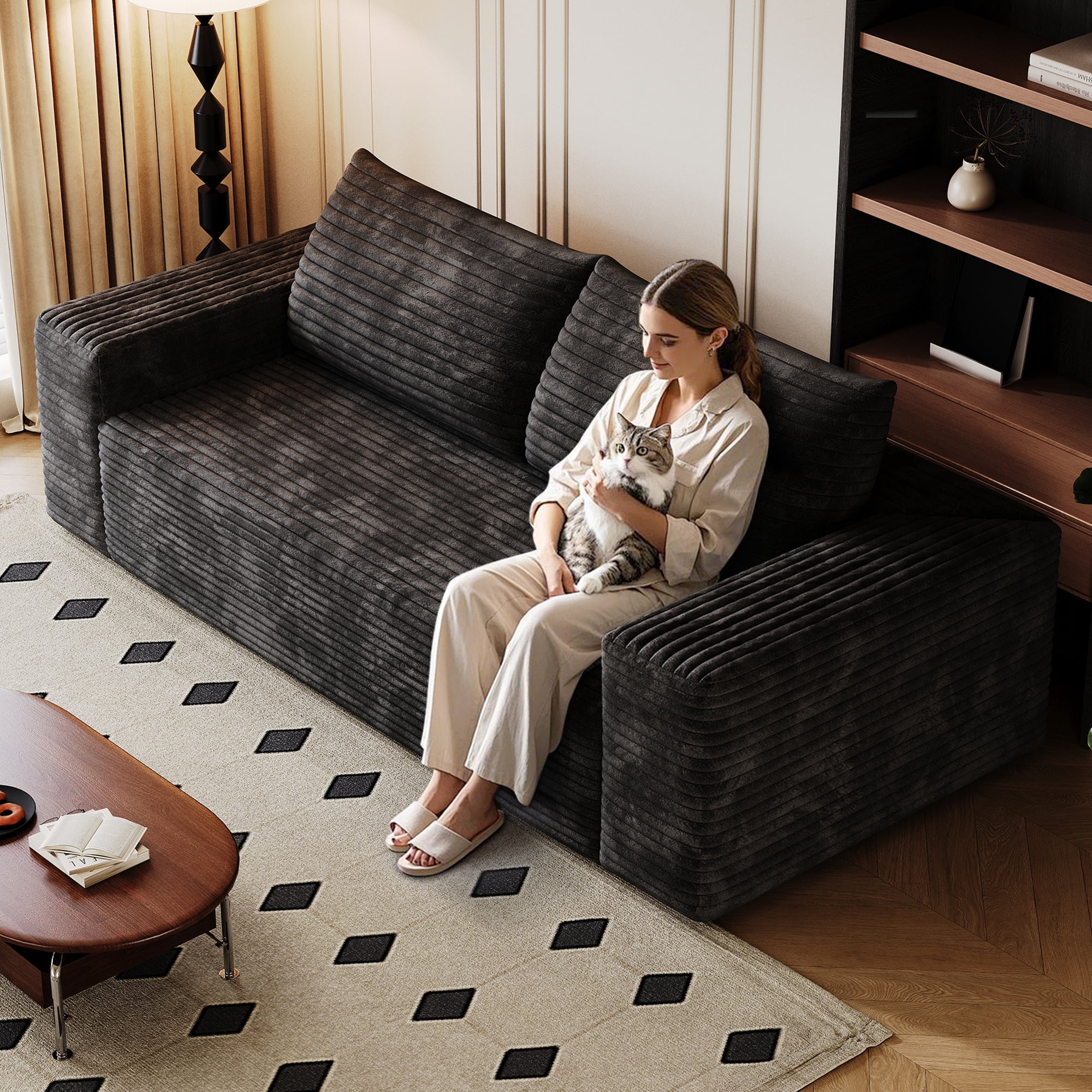 Miniyam 63" Compression Sofa 2 Seats Sofa, Deep Seat Couches for Living Room, Bedroom, Apartment (Black)