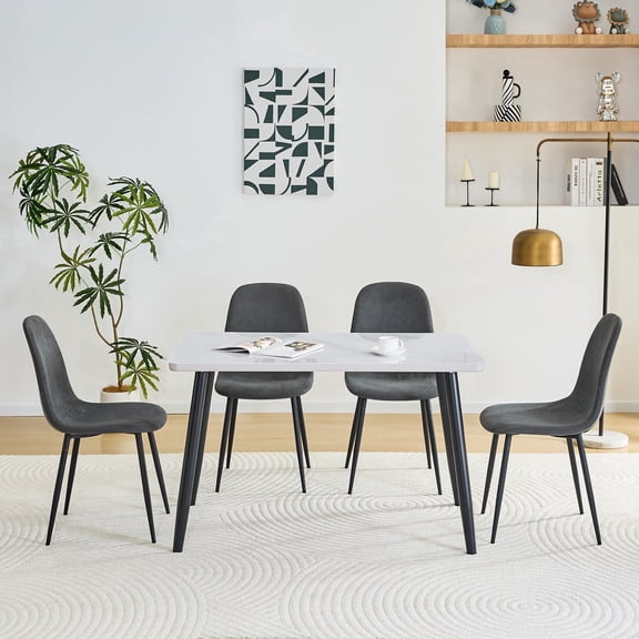ExtraLco 5-Piece Dining Table Set for 4, White Faux Marble Tempered Glass Table with 4 Dark Gray Upholstered Chairs for Kitchen Dining Room