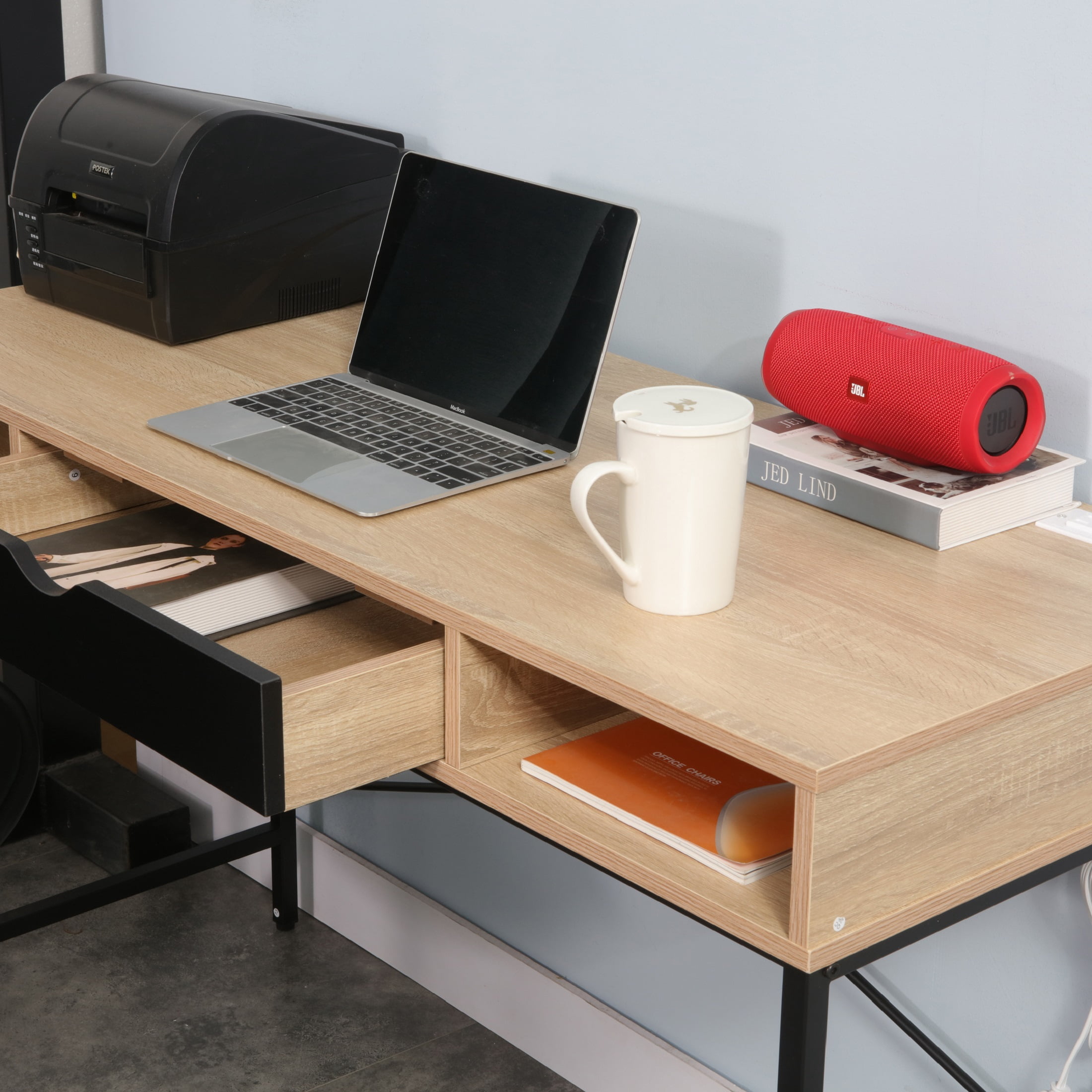 JJS 48' Writing Desk with Power Outlet, Home Office Contemporary Large Computer Desk Laptop Workstation with Drawer USB Ports Charging Station, Oak/Black