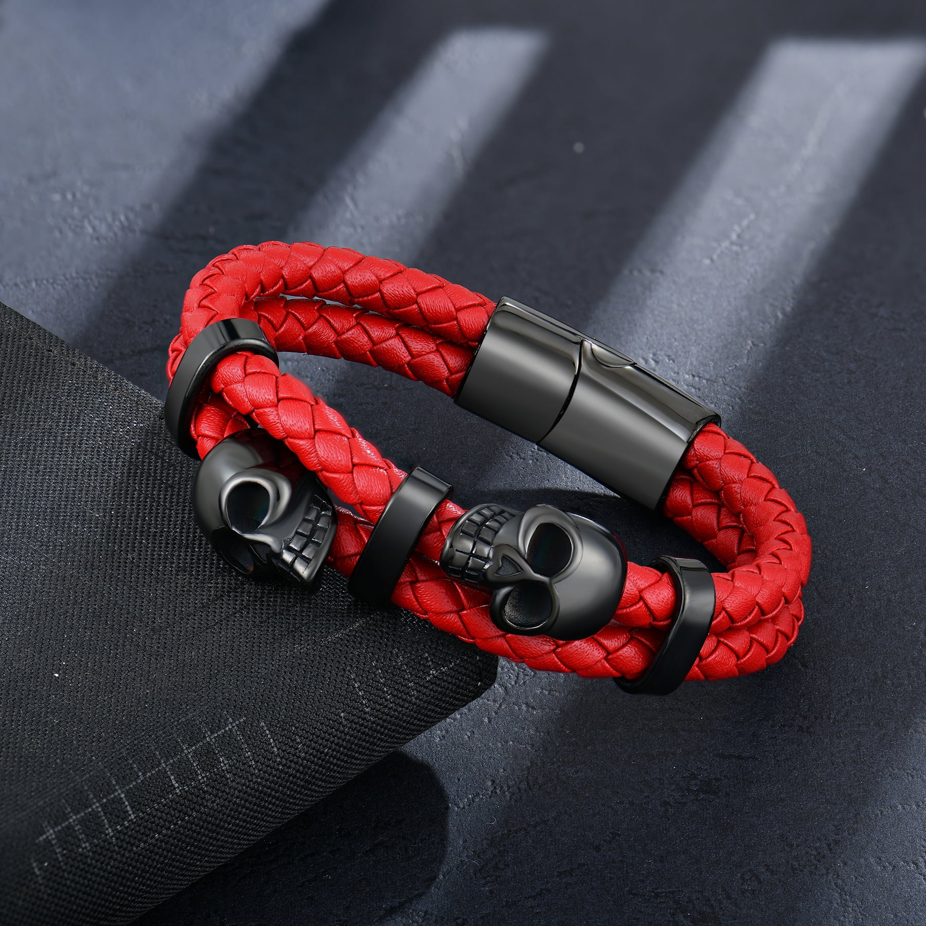 Raymard Mens Skull Double Row Leather Bracelet,Skull Red Braided Bracelet for Men, Mens Punk Jewelry