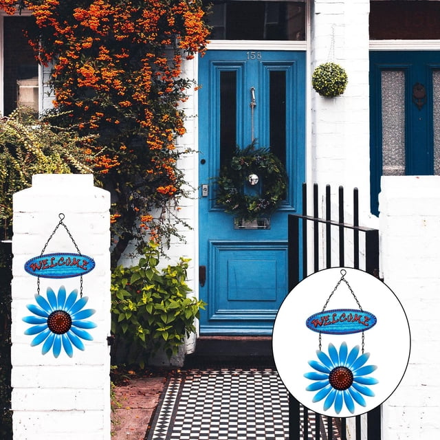 Flor colgante de pared de hierro metálico, cartel de bienvenida para puerta dentera, licencia de porche, casa de vacaciones, hogar, exterior, decoració Azul perfecl Cartel de bienvenida
