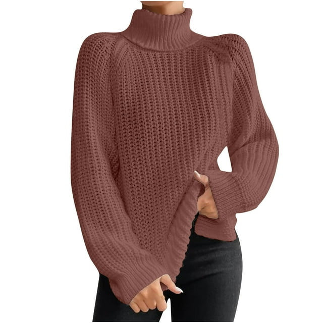 Dagegui Chandail à Col Roulé pour Femmes Automne Hiver, Chandail Uni Décontracté à Manches Longues, Chandails en Grosse Maille, Brun, P