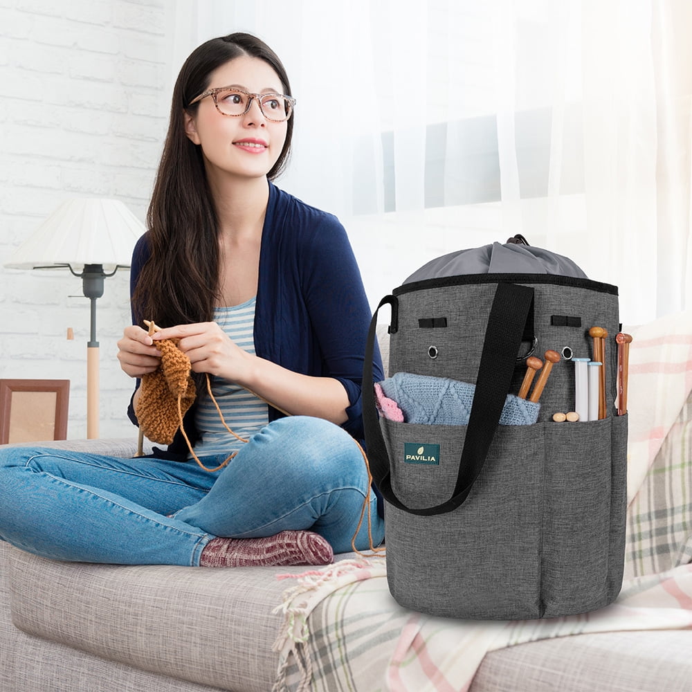 PAVILIA Knitting Bag Crochet Organizer Bag, Yarn Storage Tote, Knitting Accessories Supplies, Yarn Holder For KnittingWith Grommets, Needles Hooks Essentials, Crochet Project Case (Charcoal Gray)