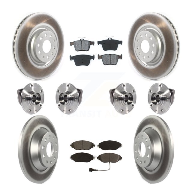 Transit Auto Front Rear Hub Bearings Assembly Coated Disc Brake Rotors and Semi-Metallic Pads Kit (10Pc) for Car 2018-2022 Volkswagen Tiguan AWD - Left Right Side (Driver Passenger) KBB-115287