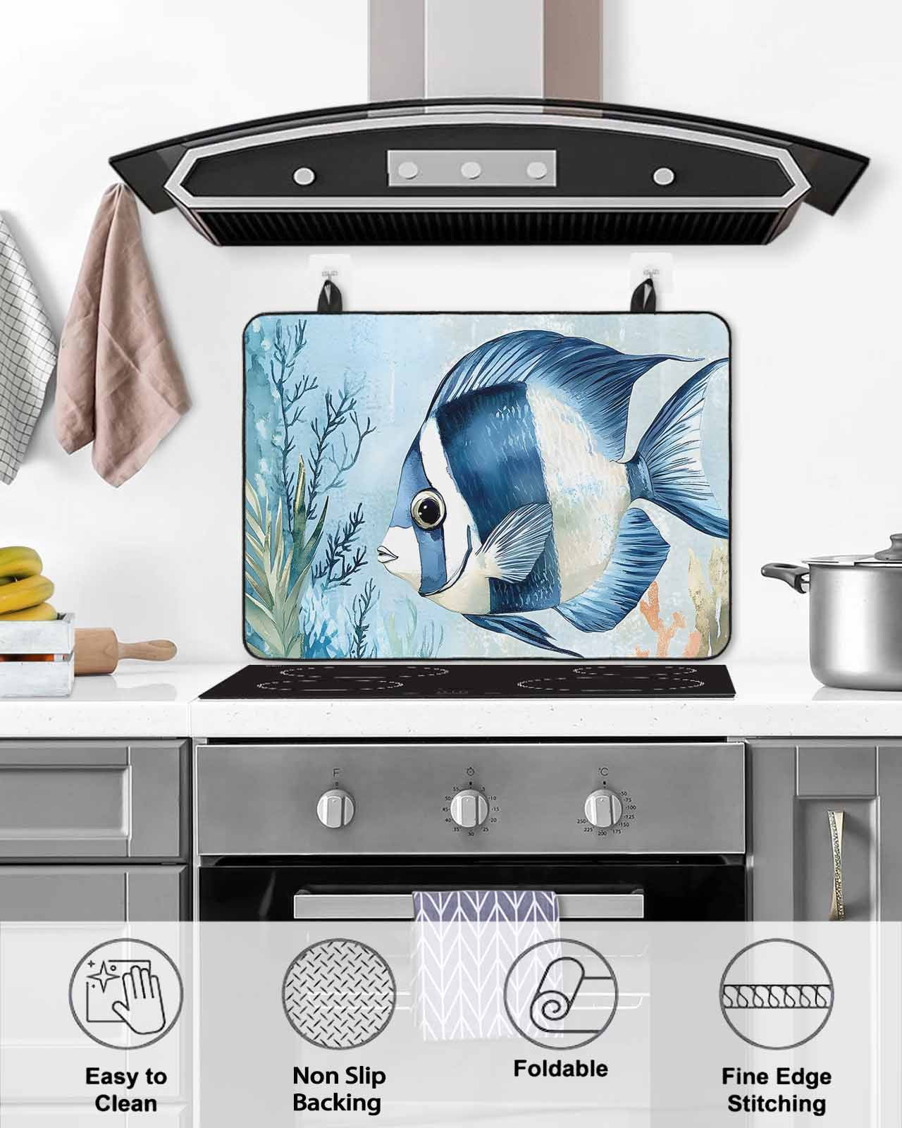 nqOlkjepod Large Induction Cooktop Protector Mat 36"x21", Coastal Ocean Fish Stove Top Covers for Electric Stove, Summer Watercolor Coral Decorative Stove Burner Cover Mats, Glass Top Stove Cover