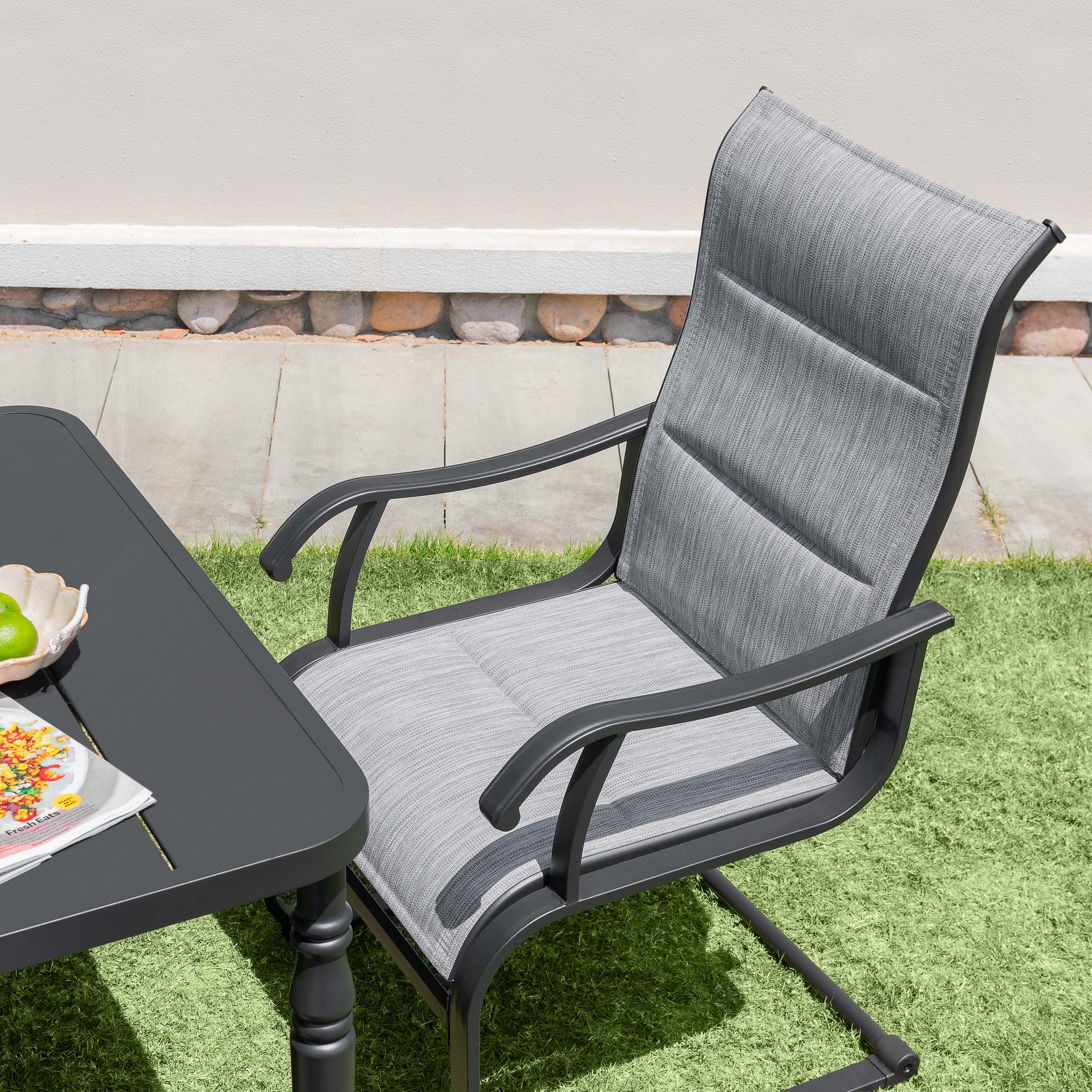 Nuu Garden 5-Piece Outdoor Dining Table Set, 37" Square Metal Table with Umbrella Hole and 4PCS C-Spring Motion Padded Textilene Metal Chairs. All-Weather Patio Outdoor Furniture, Light Grey&Black
