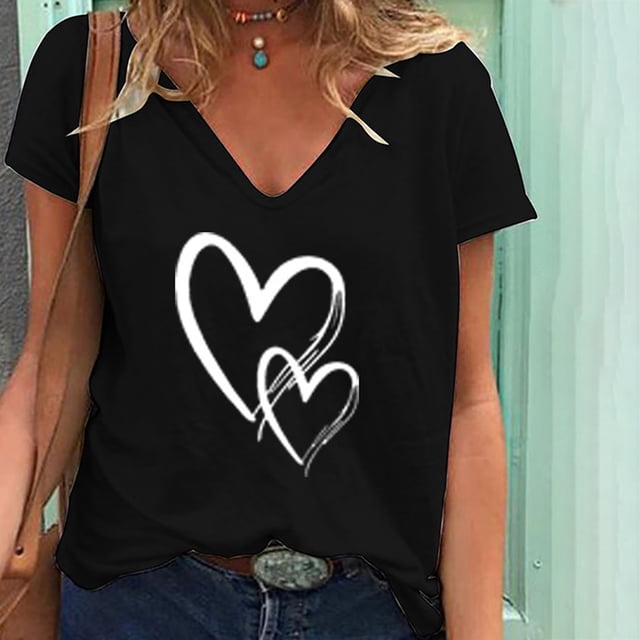 Hauts d'Été Grande Taille pour Femmes, T-Shirt Décontracté Mode Décontractée pour Femmes, T-Shirt à Manches Courtes Imprimé Col en V, T-Shirt Col en V pour Femmes en Liquidation