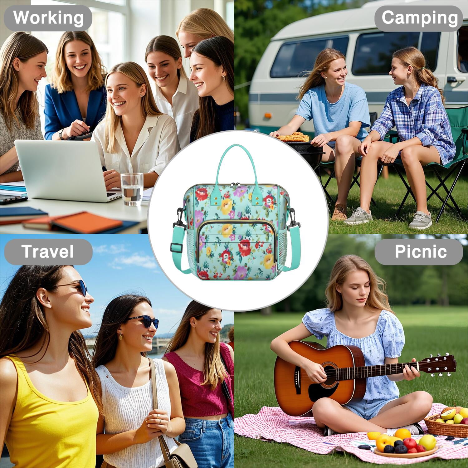 Pioneer Flower Floral Print Pattern Womens Lunch Box for Work,Insulated Large Lunch Bag for Tween and Teen,Loncheras Para Mujer,Leakproof Adult Lunch Bag for Work,Beach,Travel,Picnic,Camping