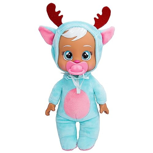 Cry Babies Tiny Cuddles Christmas Eve Doll - 9" Soft Baby Doll Cries Real Tears in Blue and Pink Reindeer Pajamas, Perfect for Children 18 Months and Up