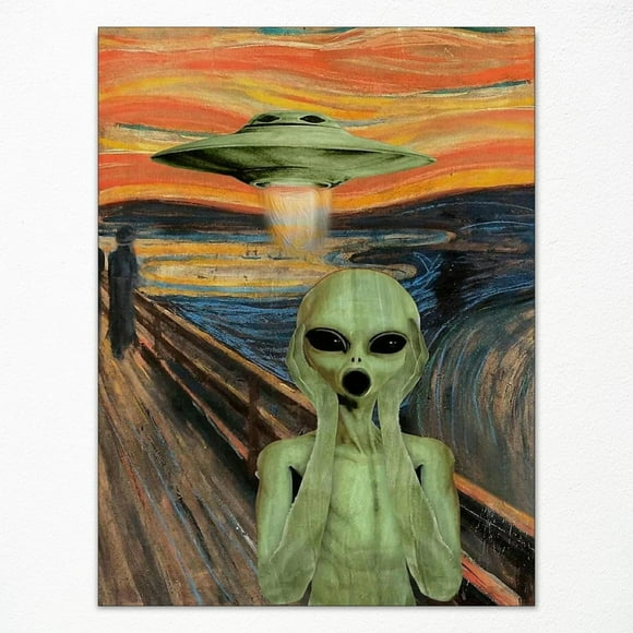 shiyou-UFO and Screaming Alien Poster, Funny Altered Wall Art, Chic Famous Artwork Painting, Alien Abduction Art Print Canvas, Trippy Spaceship Picture for Bedroom Living Room Wall 12x16in Unframed