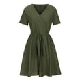 thumbnail image 4 of QIPOPIQ Robes pour Femmes avec Poches Manches Courtes Robes Décontractées Col en V Robe d'Été Unie Ceinture à la Taille Robes Offres 2023, 4 of 6
