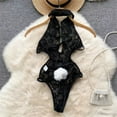 thumbnail image 2 of Spring Summer Sexy Lace Mesh Classical Metal Buckle With Hairball Jumpsuit Single-Breasted Eastern Style Stand Collar Bodysuit, 2 of 7