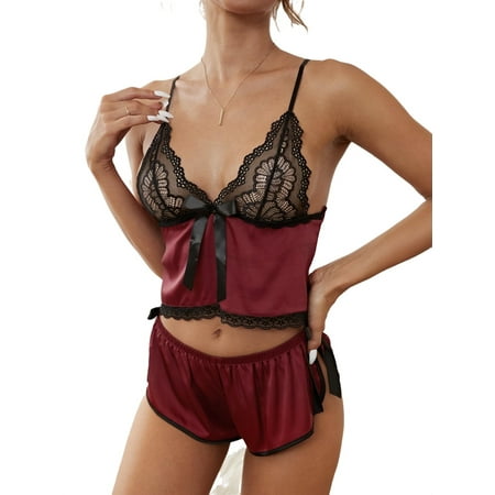 

Womens Pajama Sets Contrast Lace Spaghetti Strap Sleepwear Red Violet M