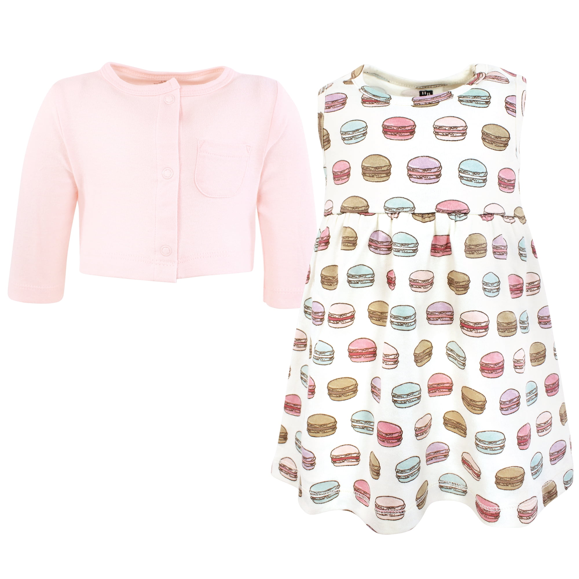 Hudson Baby Infant and Toddler Girls Cotton Dress and Cardigan Set, Macarons, 0-3 Months