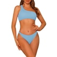 thumbnail image 1 of Conjuntos de Bikini de Una Sola Manga para Mujeres, 2 Piezas, Parte Inferior Triangular Acanalada Asimétrica, Trajes de Baño Deportivos, Talla X-Large, Azul, 1 of 5