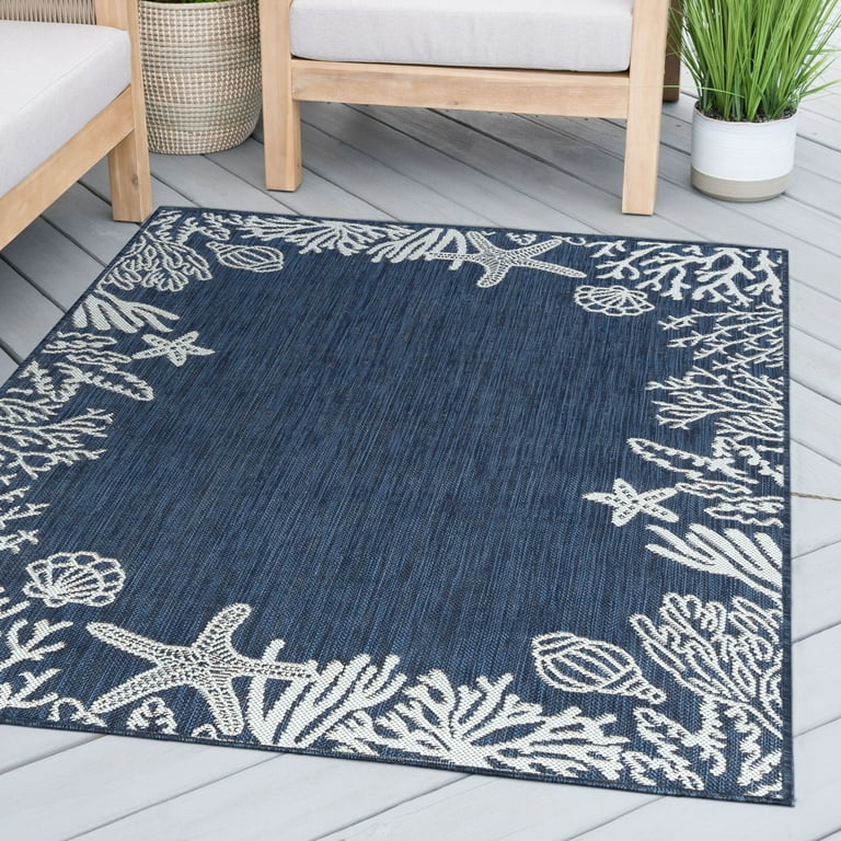 6ft Round Water Resistant, Indoor Outdoor Rugs for Patios, Front Door Entry,  Entryway, Deck, Porch, Balcony, Outside Area Rug for Patio, Navy, Greek  Key