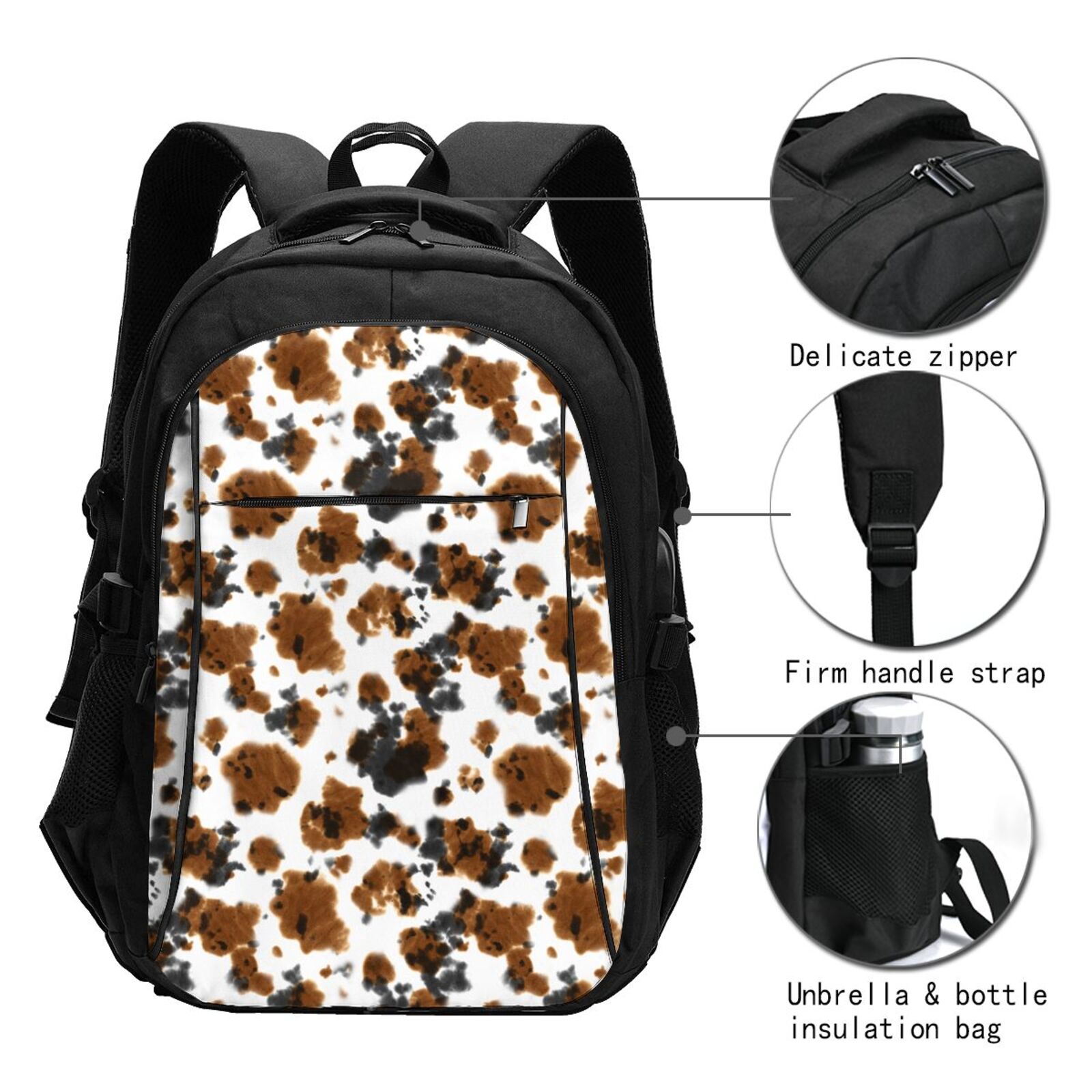 Horeoi Cow Tie Dye Print USB Backpack for Travel School Work with Laptop Compartment Charging Port and Anti-Theft Pocket