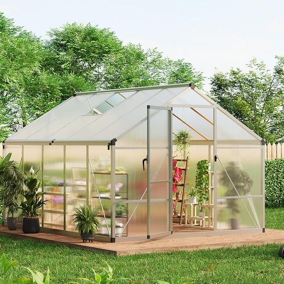 8x12 FT Greenhouse, Easy Assembly Aluminum Polycarbonate Greenhouses for Outdoors with Roof Vent and Ground Nails, Heavy Duty Aluminum Walk-in Greenhouse for Backyard, Sliding Lockable Door, Clear