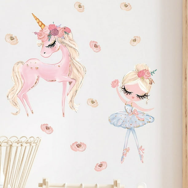 Pegatinas de pared de unicornio rosa para dormitorio infantil creativo, pegatina de niña bailarina