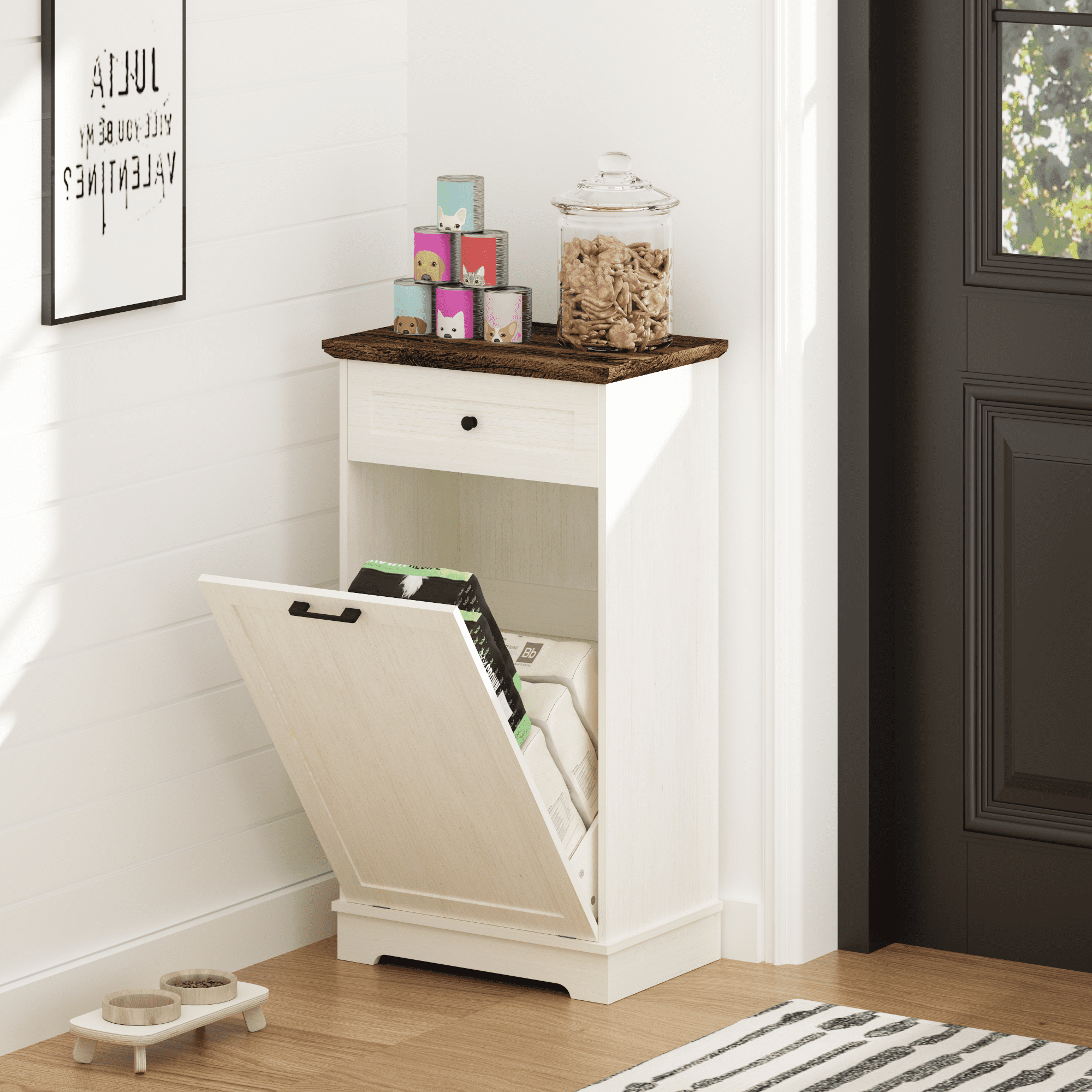 13 Gallon Tilt Out Trash Cabinet Freestanding Trash Bin Cabinet Wood Garbage Recycling Cabinet with Drawer Pet Proof Trash Can Holder for Kitchen Living Room, Antique White (Not include trash can)