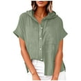 thumbnail image 2 of UVEASISHA Cotton Linen Hoodie Shirts for Women Short Sleeve Collared Button Down Shirt Lightweight Comfy Hooded Tops with Pocket Green L, 2 of 6