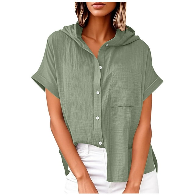 Vestidos Casuales Para Mujer, Blusas De Mujer De Moda Blusa de lino con cuello en V y manga corta para mujer, estilo túnica de verano con capucha y botones sueltos