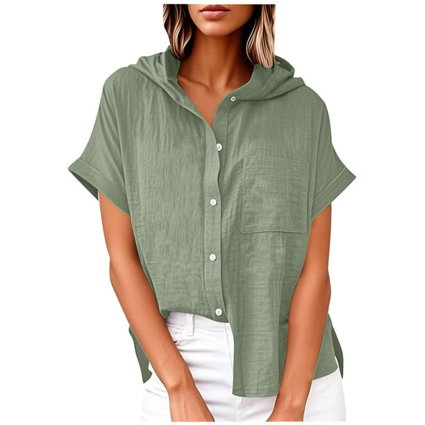 Vestidos Casuales Para Mujer, Blusas De Mujer De Moda Blusa de lino con cuello en V y manga corta para mujer, estilo túnica de verano con capucha y botones sueltos