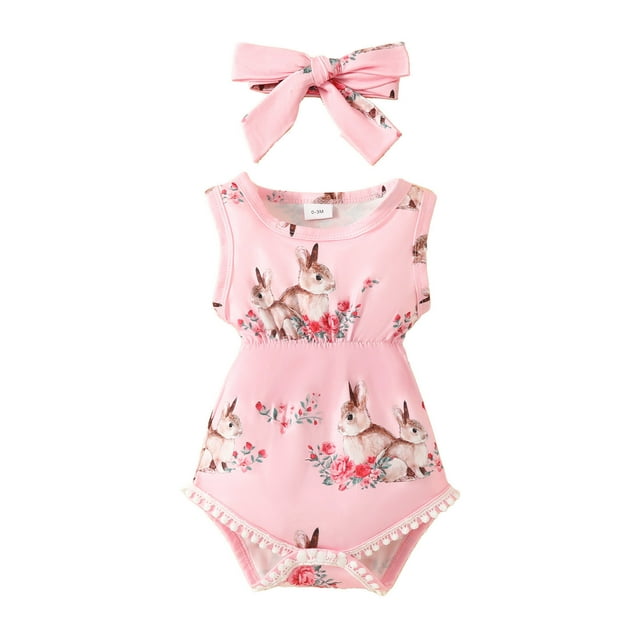 WEAIXIMIUNGChristmas Boys Girls Easter Sleeveless Cartoon Rabbit Printed Tassels Romper Bodysuits 6-9 Months