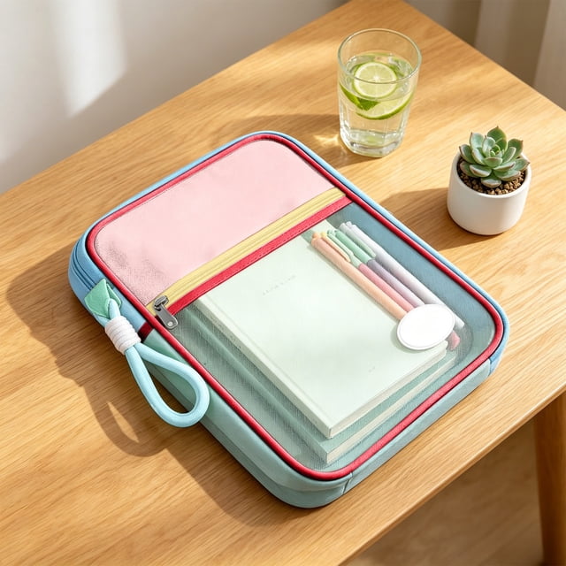 Mesh Tote Bag L-Shaped Open Book Bag - Large Capacity Multi-Layer Storage Visible organization Pockets Portable Carry Handle Nylon Data, Pink, JKODE